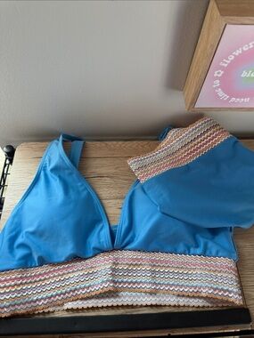 Blue Bikini Set with Multicolor Crochet Trim